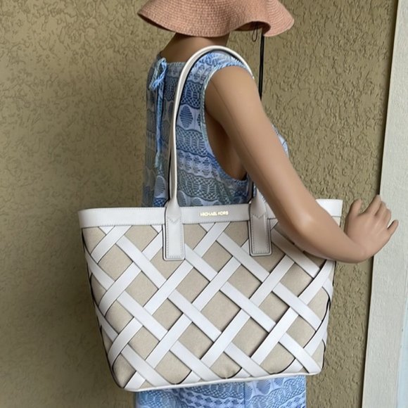 Michael Kors Sienna Large Tote Shoulder Bag Optic White Multi Leather Canvas - Picture 13 of 16